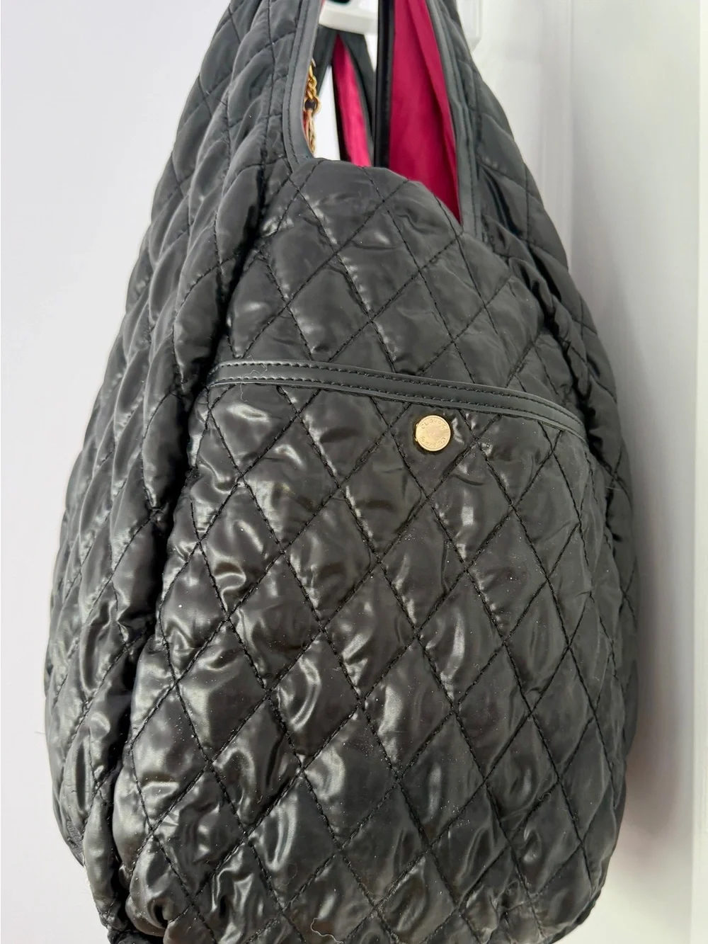 Quilted Shiny Black Hobo Tote